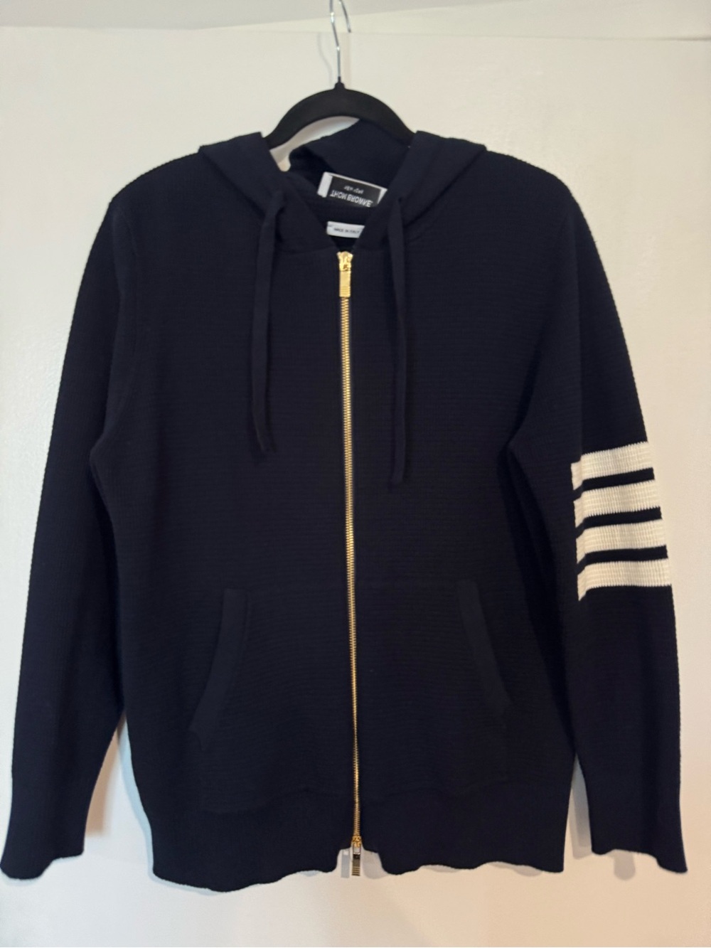 Thom Browne Black Zip Hoodie with Ivory Arm Stripes
